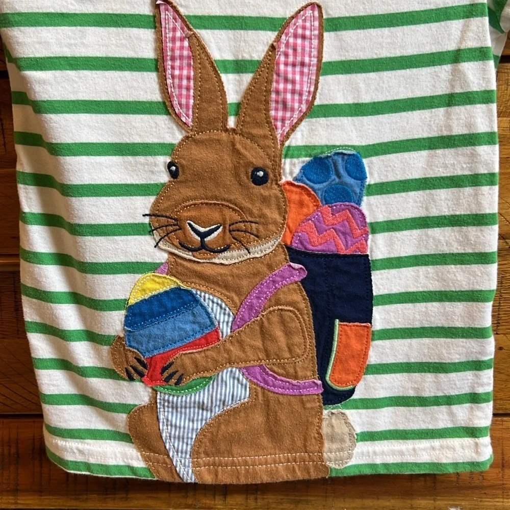 Mini Boden Green Striped Kids Shirt with Bunny Design